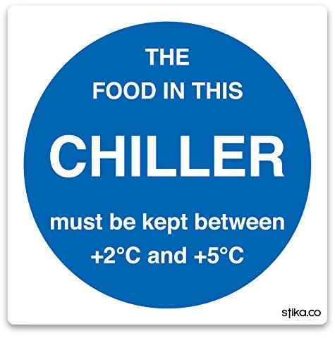 Stika.co Chiller Temperature Sticker for Food Storage Safety - BS EN ISO 7010 Compliant Signs with +2°C to +5°C Range, Self-Adhesive Vinyl, 100mm x 100mm, Set of 2