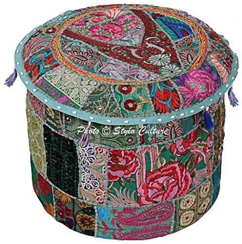 Stylo Culture Ethnic 18 Cotton Patchwork Footstool Pouffe Cover Embroidered Fabric Ottoman Stool Pouf Cover Green Floral Bean Bag Round Footstool Floor Cushion Decor (18x18x14) (COVER ONLY)