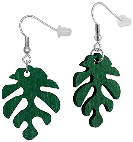Soul-Cats 1 Paar grüne Holz Ohrhänger Blatt Monstera Natur Ethno für Damen