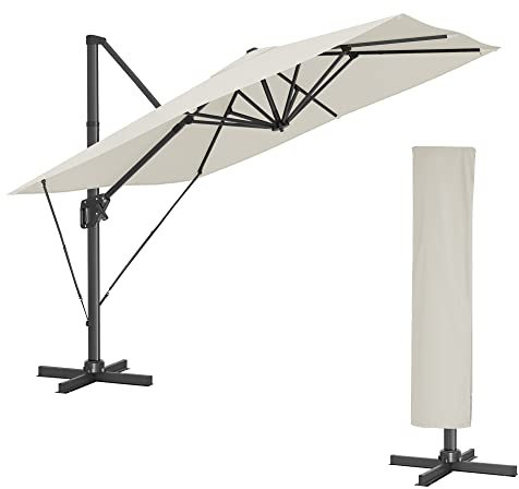 SONGMICS Sonnenschirm 290 x 290 cm, Ampelschirm, Gartenschirm, UV-Schutz UPF 50+, um 360° drehbar, Neigungswinkel verstellbar, mit Ständer, Befestigungsgurten und Abdeckung, beige GPU039M01