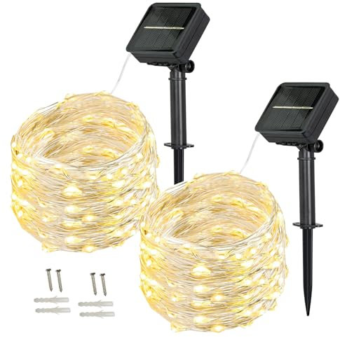 BXROIU Solar-Lichterkette außen,[2 Stück] 100 LEDs,10 Meter 8 Modi, Aussen Lichterkette ideal für Hochzeiten, Partys und Weihnachten.Perfekt zur Dekoration im Garten (Warmweiß)