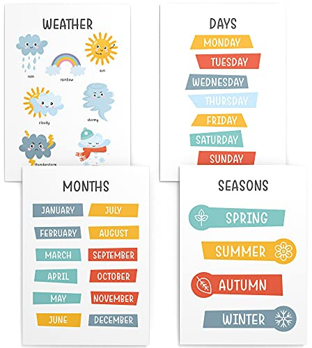 Papierschmiede Cuadros para niños, Set de 4, A4 Póster de aprendizaje en inglés, Regalo para niñas y niños, cuarto de los niños, Calendario, Meses, Días de la semana, Seasons Weather