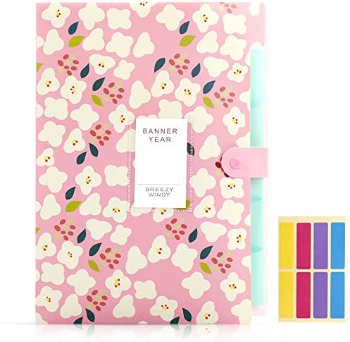 KONVINIT Dokumentenmappe A4 Fächermappe Plastik Mappe mit 5 Fächern PP Floral Bedruckt Akkordeon Dokument Ordner Organizer Ordnungsmappe mit Druckknopf Bürobedarf und Schulsachen,rosa