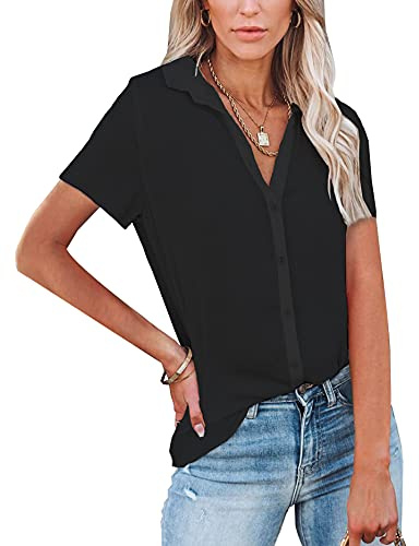 NONSAR Blusa para Mujer de Manga Larga y, Cuello de Pico, con Botones, Elegante, Informal, para Trabajo, Camisa de Manga Larga, Manga Corta Negra., XXL