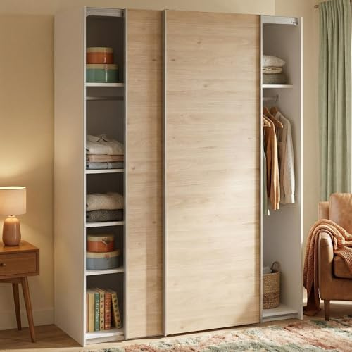 Dmora - Kleiderschrank 2 Türen Elvire, Schlafzimmermöbel, Schrank, Garderobe, 150x61 h200 cm, Weiß und Eiche
