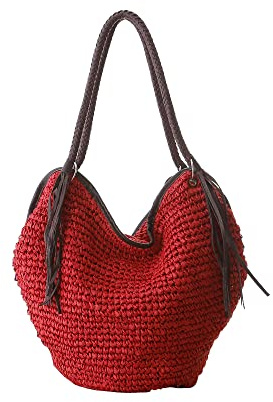 Hixingo Bolso de la Paja Mujeres Bolso Playa Grande Bolso de Hombro Verano Boho Totes de Playa Rafia Tejidas a Mano Para Viajes, Compras y Vacaciones