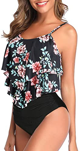 Genfien Tvådelad baddräkt dam volanger topp botten hög midja, Röd + grön blomma, 3XL