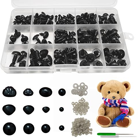 Jizxol 150 Stück Sicherheitsaugen für Häkeltiere, Sicherheitsnasen, Kunststoffknopfaugen und Sicherheitsnasen zum Nähen, Augen mit Unterlegscheiben für Puppe, Plüschtier, Teddyaugen(5-15 mm).