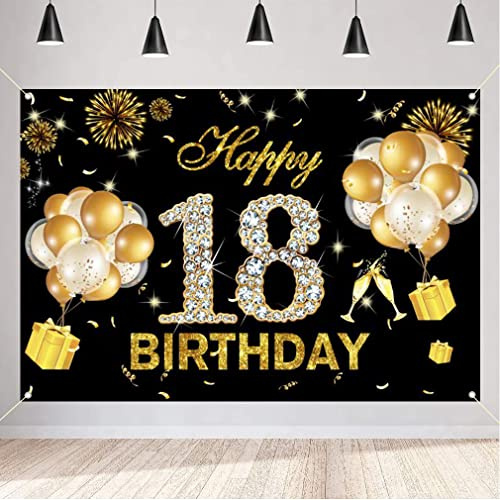 18. Geburtstag Deko Mädchen, 18 Geburtstag Banner Schwarz und Gold Stoff Schild Plakat, Happy 18th Birthday Hintergrund Banner Mädchen Geburtstagsfeier Deko