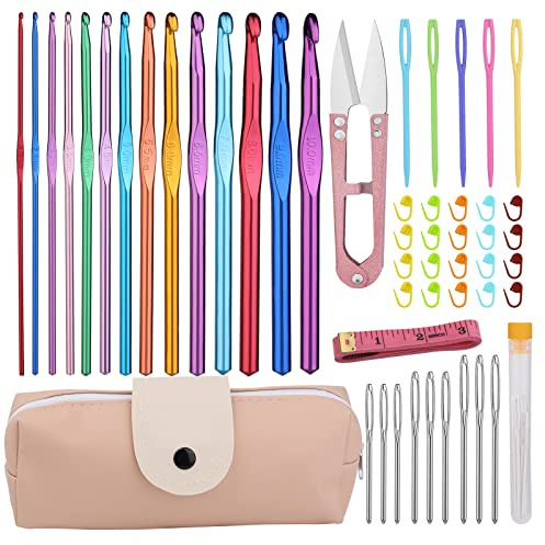 Set uncinetti ergonomici, Kit di accessori per aghi per uncinetto da 52 pezzi, set uncinetto completo con, segnapunti, aghi a cruna grande e custodia