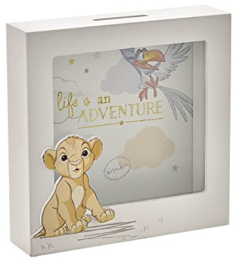 Happy Homewares Magical Beginnings Lifes an Adventure The Lion King Simba and Zazu Keepsake Wooden Money Box - A Perfect First Moneybox Gift for A Baby or Child - Officially Licensed