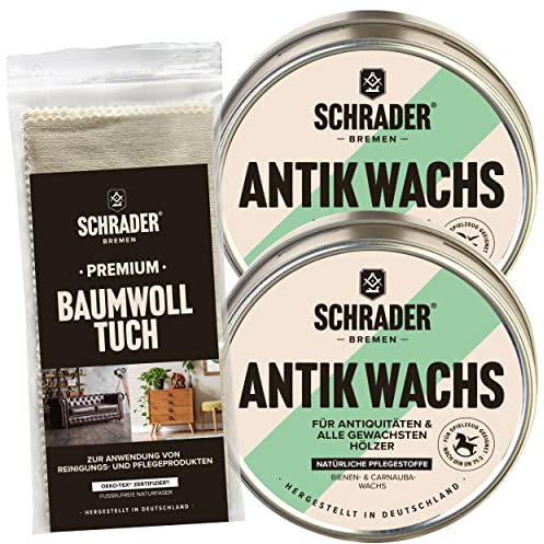 SCHRADER Antik Wachs Set - farbloses Wachs für Holzmöbel und Holzoberflächen mit Poliertuch - 3-teilig - Made in Germany