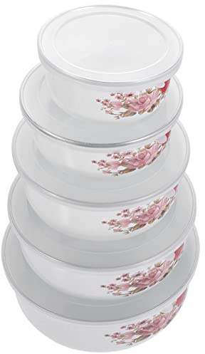 HEMOTON Emaille Schüsseln Mit Deckel 5-Teilig Set Frischhaltedosen Für Salat Nudelschalen Obst Suppe Haushalt Camping Tragbar