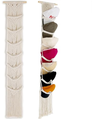Kepshållare – 1-pack-hatt organiserare för basebollkepsar, makramé hattställ för vägg, kepshylla för dekoration och skärm, boho handgjord kepshängare över dörrorganiserare upp till 14 kepsar