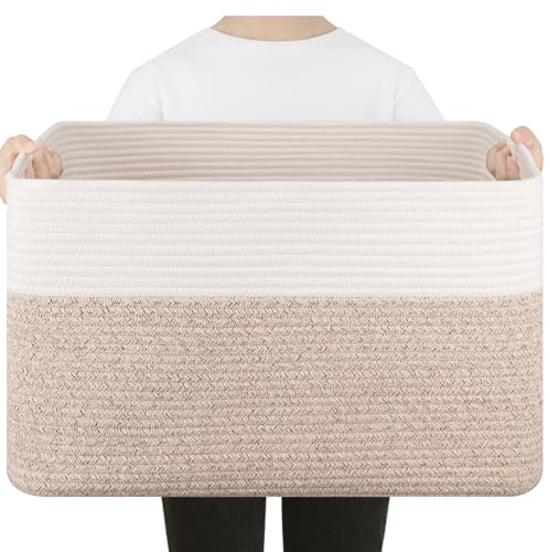 SIXDOVE 75L Large Cotton Rope Basket, Soft Toy Storage Bin for Nursery & Living Room, Decorative Blanket Basket for Bedroom, Baby-Safe Organizer for Pillows &Laundry, 22''×17''×12'', Brown and White