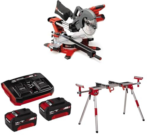 Einhell Akku-Zug-Kapp-Gehrungssäge TE-SM 36/10 L Li Power X-Change (36 V, 254 mm Sägeblatt, 3800 min^-1, Schnittlinien-Laser, inkl. 2x3,0 Ah Akku & Twincharger, inkl. Untergestell)