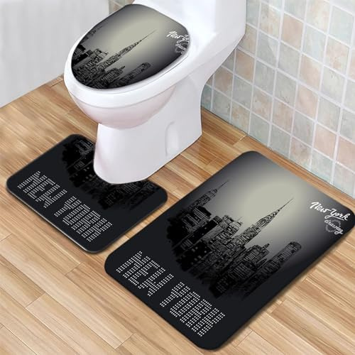 Badezimmerteppich Set 3 Teilig New York City schwarz und weiß Badematte rutschfest Bad Teppiche, U-förmiger WC-Vorleger, WC-Deckelbezug für Dusche und Toilette Badezimmerdekoration