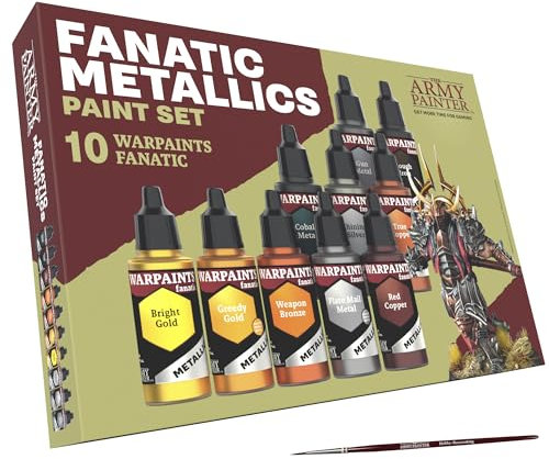 The Army Painter Warpaints Fanatic: Metallics Miniature Paint Set Combo, 10 Acrylic Metallics Paints 18ml incl. Gold, Copper, Metal, Bronze, Silver and 1 Basecoating Brush
