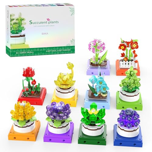BAKA Flower Sukkulenten Blumen Bausteine Set für Erwachsene, 10 künstliche Pflanzen, Room deko Basteln, Geschenk für Sie & Ihn zum Valentinstag (843 Stück)