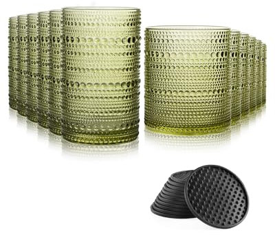 DmmyAlzx Hobnail Drinking Glasses Set of 12 Count, Vintage Glassware, Old Fashioned Glasses, 6 Highball Bubble Drinking Cups 14.5 oz, 6 Rocks Cups 10 oz with 6 Silicone Coasters, Green