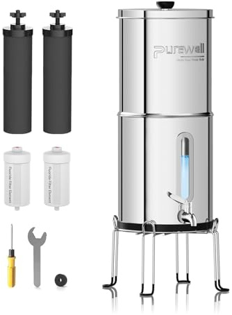 Purewell 8,5L Gravity Water Filter System – Stainless Steel Countertop Design with 4 Filters, Glass Water Level Window – Reduces Fluoride, Chlorine – for Home, Camping & Emergency Survival