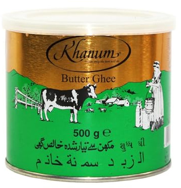 Khanum Puro Grasso del Burro Ghee 500g – Grasso del burro di alta qualità per friggere, cuocere e sfornare | Perfetto per friggere, alto punto di fumo, senza additivi con adesivo Kajal