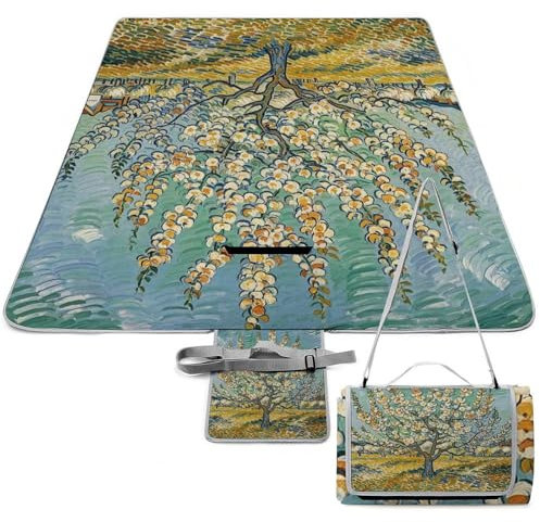 RKJVB Couverture de pique-nique pliable 147 x 147 cm - Abricotiers - Imprimé - Imperméable - Couverture de plage portable - Tapis de pique-nique pour camping, randonnée, parcs, pelouse