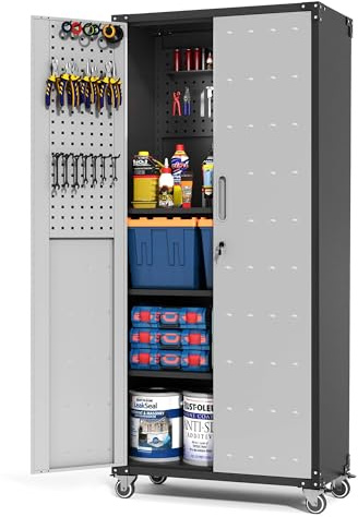 BIZOEIRON Werkzeugschrank Groß, Metallschrank mit Rädern, Garagenschrank mit 2 Türen Und Pegboard, Rollender Werkstattschrank, Montage Erforderlich, Schwarz & Grau