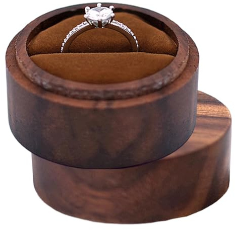 Petite boîte à bagues – Boîte à bague de fiançailles | Porteur | Mariage | Bois | Boîte à bijoux ronde en noyer | Fait à la main | Rangement portable pour demande en mariage