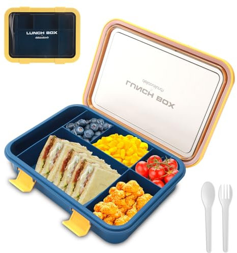 SEPSCO Lunch Box Bento Boxes, 6 Compartments 1500ml Large Capacity, Reusable Leakproof, Salad Snack Sandwich Food Storage Container with Cutlery for Kids Adult Work School Travel (Blue Yellow)