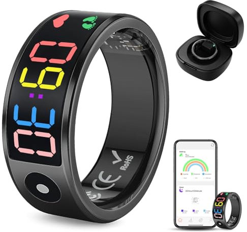 Smart Ring for Men Women, Sleep & Heart Rate Monitor Health Ring, Fitness Ring Heart Rate Blood Oxygen Sleep Monitor Step Counter Activity Tracker for Android iOS (Black, #12-Y)