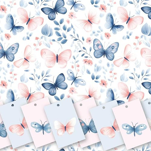 Wrapping Paper. 6 XL Sheets (50 x 70cm). Blue and Pink Butterfly Design. Gift Wrap with 8 Tags. Cutting grid on reverse. For Women, Girls, Valentine's, Anniversary, Birthday, Wedding.