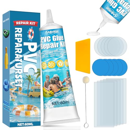 AllisWay Kit Riparazione Materassi Gonfiabili, Kit Riparazione Piscina, Colla per PVC con 10 Toppa per Piscina Trasparenti, Adatto per Kayak Gonfiabili, Tende, Gommone, Materassi Gonfiabili, 60 ml