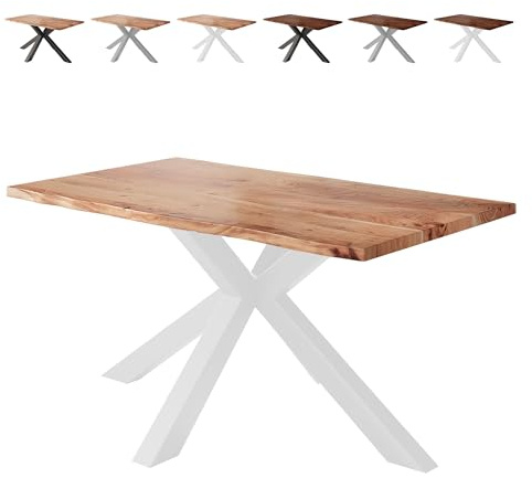 Loreno Esstisch 160×85×77cm Vento Akazie Natur – Spider-Gestell Weiß | Massiver Akazienholztisch naturfarben mit 26mm starker Tischplatte – Perfekt für Esszimmer und Küche