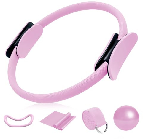 Rppiup Pilates Ring Set, 5 Stück Pilates Essential Kit für Frauen, Enthält Pilates Ring Yoga-Ball Yoga-Spanngurt Yoga-Hilfsgurt Yoga-Ring, Pilates Set für Zuhause oder Studio-Workout (Rosa)