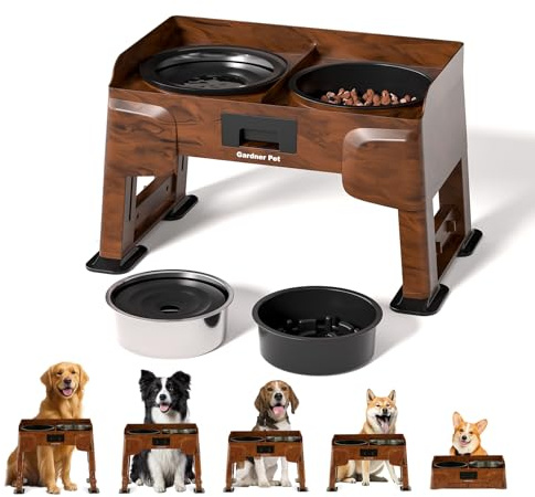 Gardner Pet Raised Dog Bowls,2-in-1 Non Spill Water Bowl & Slow Feeding Bowl,5 Heights Adjustable Elevated Dog Bowls,Non-Slip Dog Bowl with Stand for Medium and Large Dogs