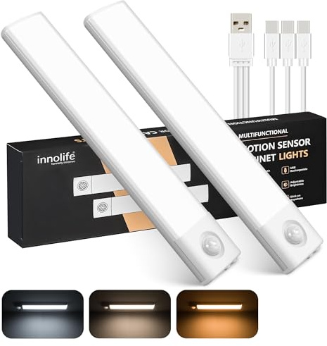 innolife 2025 Newest Under Cabinet Kitchen Lights,6000K Motion Sensor Lights,3 Color & Stepless Dimming,4 Modes, 40LED 1200mAh USB-C Wireless Rechargeable Cupboard Light for Wardrobe Stair Closet
