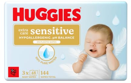 Huggies Extra Care Sensitive Toallitas para Bebé, 99% Agua Pura, 3 Packs de 48, Total 144 Toallitas