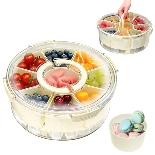 LENWISYF Snackbox Mit Fächern, 9 FäChern Snackschale mit Eisschicht Rund Snackdose Tragbar Snackboxen für Picknick Obst Keksen Dessert Gemüse Süßigkeiten Aufbewahrung
