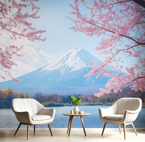 Carta Parati Murale Fiori Di Ciliegio Monte Fuji Paesaggio Primaverile 250X175Cm Poster Gigante Fotomurale Seta, Carta Da Parati Panoramica 3D Azzurro Per Soggiorno Camera Letto Ufficio Tv Sfondo