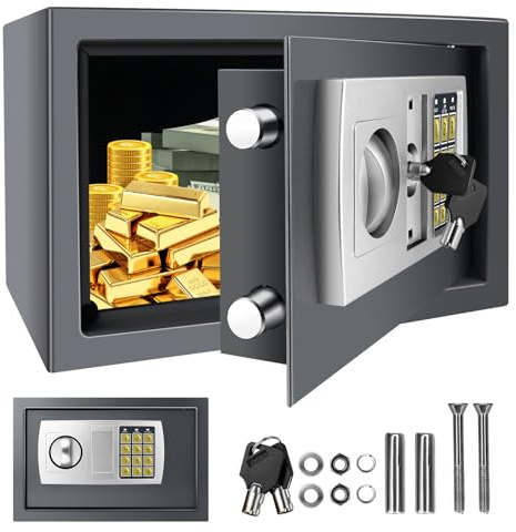 8.5L Electronic Digital Safe Box, Fireproof Security Box Home Office Money Cash Jewelry Steel Safety Box with 2 keys, Wall Mounted Mini Safe for Home Office Hotel, Grey, 31 x 20 x 20 cm