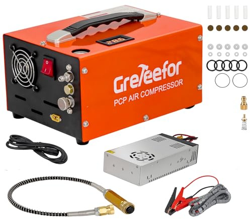 PCP Air Compressor, 4500 PSI / 30 MPa, Dual Power Car 12V DC or Home 110V/220V AC, Retractable Handle, Water/Oil-Free for Paintball/PCP Rifle/HPA Tank, Manual Stop, 250W, Orange