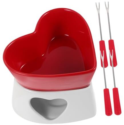 NOLITOY Mini Fondue Cerámica para Chocolate y Queso Calentador de Forma de Corazón Olla para Postres y con Tenedores para Fiestas y Reuniones Familiares