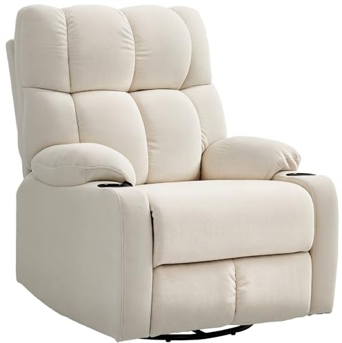 HOMCOM Poltrona Relax Reclinabile Manuale 135° con Poggiapiedi e 2 Portabicchieri, Poltroncina Reclinabile Girevole Imbottita Ergonomica in Tessuto Effetto Lino con Funzione Dondolo per Salotto, Beige