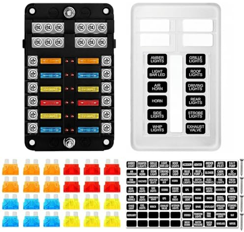 12 Vie Portafusibili Auto 12V con LED, Scatola Fusibili Auto 12 Volt con LED, 24 Fusibili a Lama, Pannello Fusibili 12V per Camper, Barca, Camion, SUV, Trattore, Scatola Porta Fusibili 12 Volt