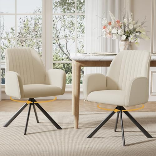 Ckaff 2er Set Esszimmerstühle Drehbar mit Armlehne, 360°Drehbar Polsterstuhl Küchenstuhl aus Chenille, Stühle Esszimmer Schminkstuhl Drehstuhl mit Metallbeine für Esszimmer Schlafzimmer, Beige