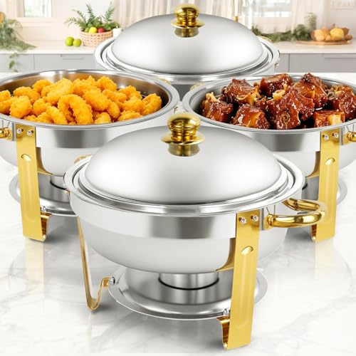 XYJBHB Chafing Dish Full Set, Round 6QT Stainless Steel Catering Chafer with Stainless Steel Lid, Buffet Food Warmers for Parties Events Weddings, Gold, 4 Pack