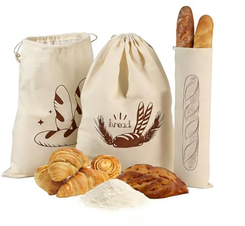 3Pcs Reusable Bread Bags for Homemade Bread - 100% Natural Cotton Storage Bags - Includes 1 Large (31x20cm) 2 Small (17x22cm) - Breathable Food Storage for Sourdough,Baguette,Rolls