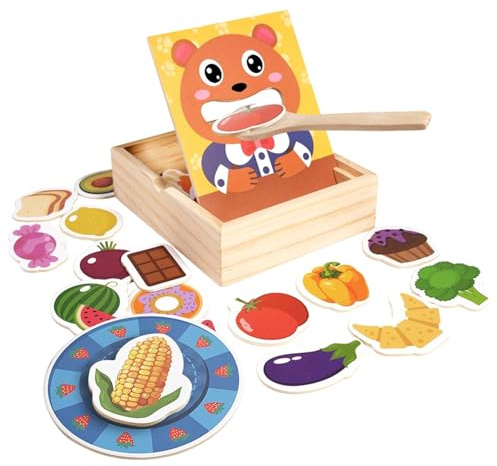 Children's Feeding Toy - Wooden Fantasy Food Set, Learning Game for Motor Skills with Bear Plate Spoon Storage Box Various Play Feeds for Children from 3 Years plus on