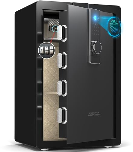 34KG Lourd Coffre Fort en Acier, 100L Coffre-fort Électronique avec Empreinte, Digitale Code et Clé, pour Maison et Bureau, Idéal pour Bijoux, Argent et Documents A4, Notice en Français (Noir,100L)